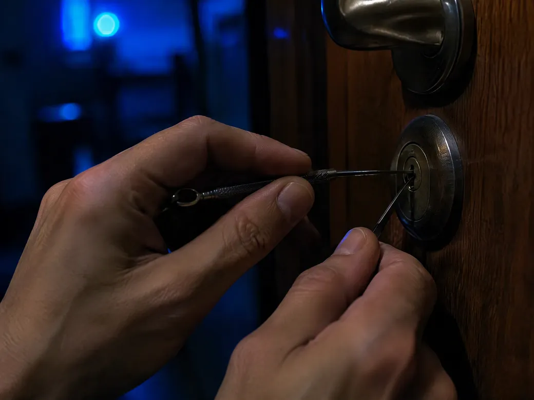 Chaveiro abrindo a fechadura de uma porta residencial à noite