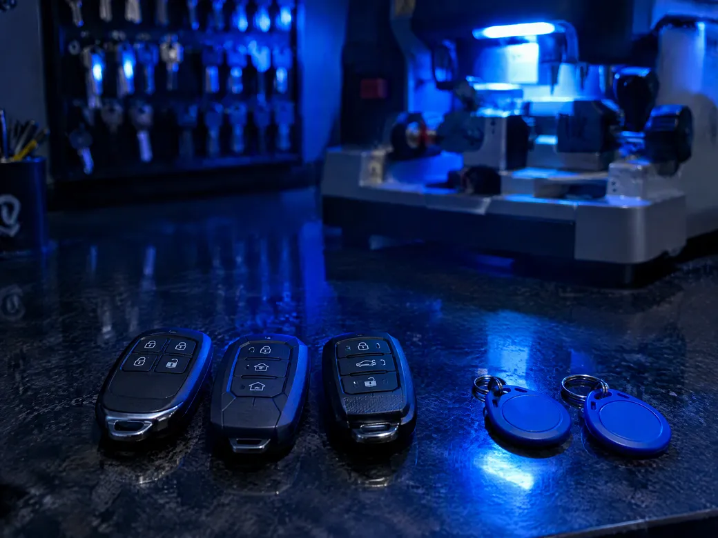 Controles remotos de portão e tag de condomínio sobre bancada de chaveiro