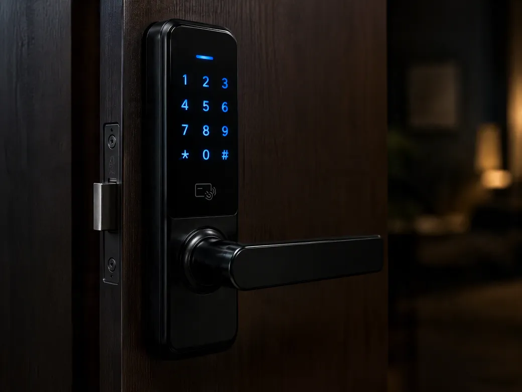 Fechadura digital com teclado numérico instalada em porta de madeira escura